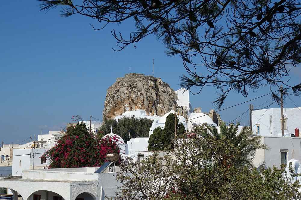 The castle rock, or Kastro, rising above the whitewashed houses of Chora, the capital of Amorgos