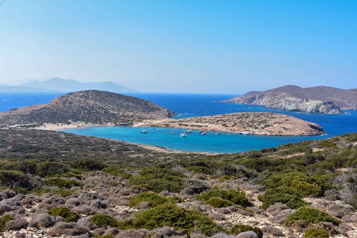 The clear turquoise bay of Kalotaritissa in southern Amorgos, typical of the island's diving waters