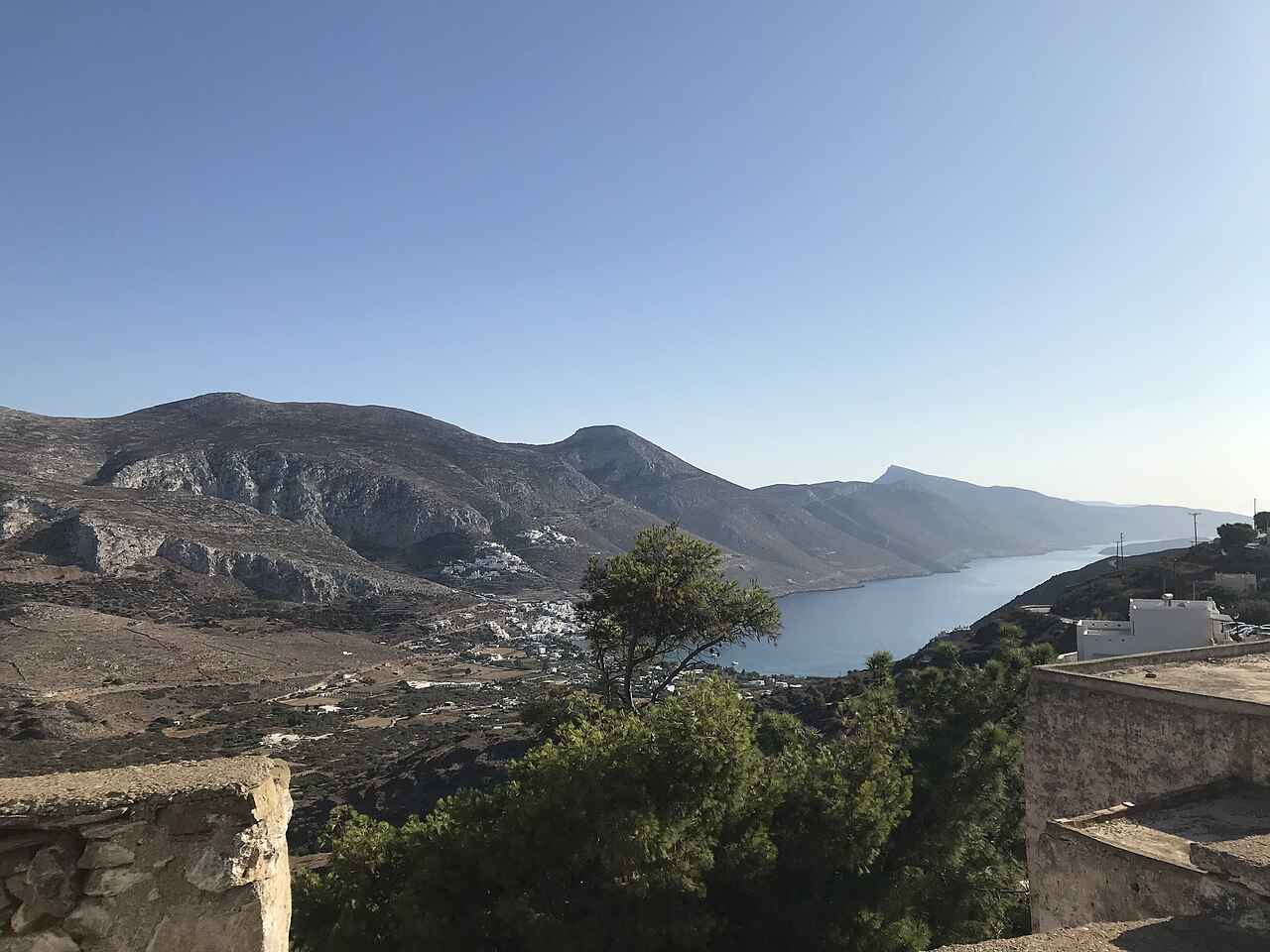 The bay of Aegiali and its villages seen from the mountain trails above Tholaria on Amorgos