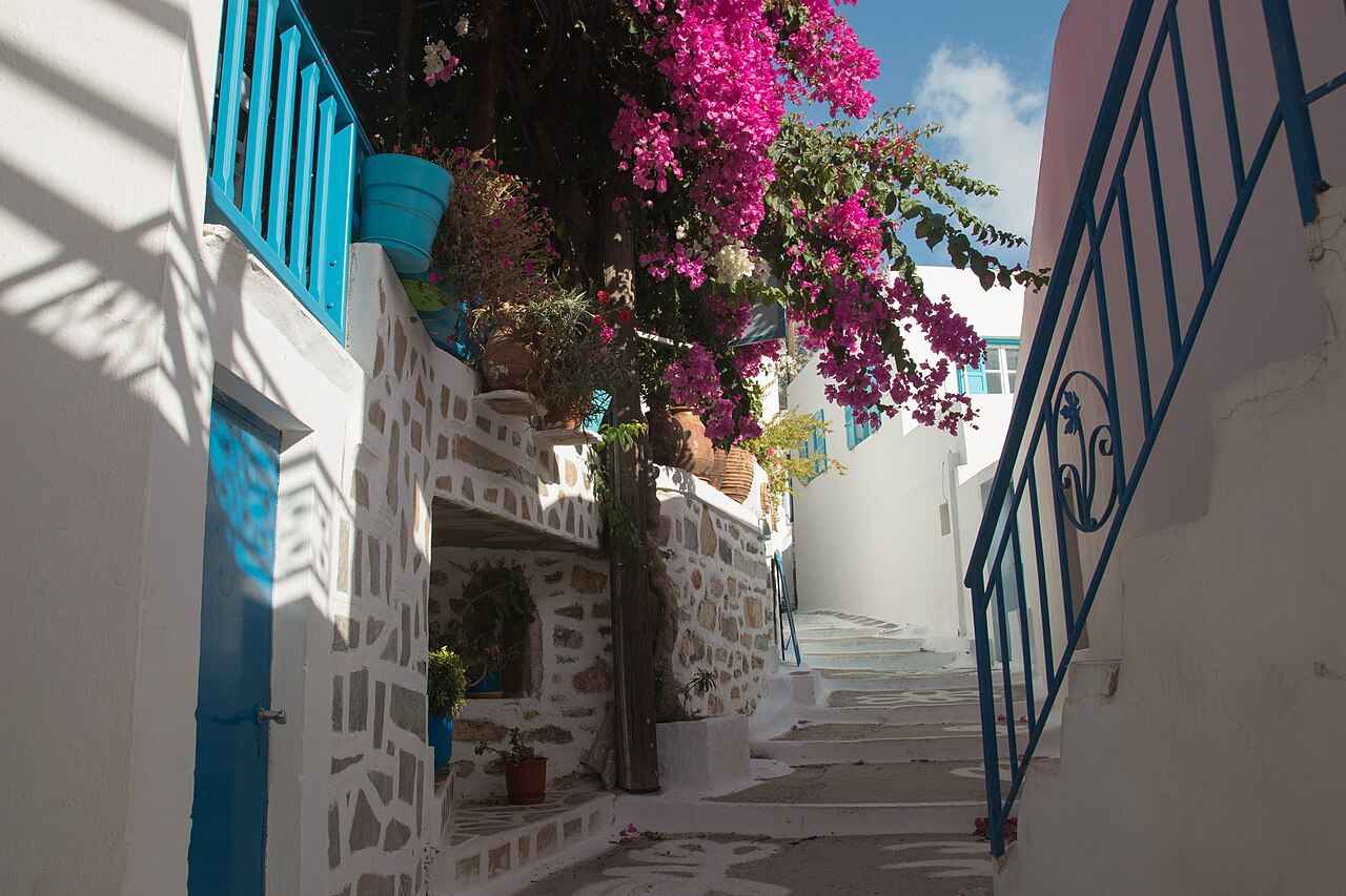 A whitewashed lane with blue railings and bougainvillea in the mountain village of Langada, Amorgos