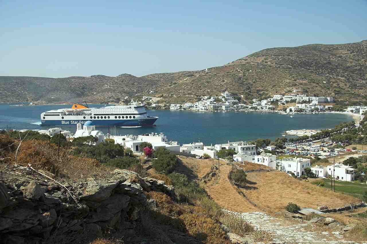 A Blue Star ferry arriving at Katapola, the main port of Amorgos, in its sheltered bay