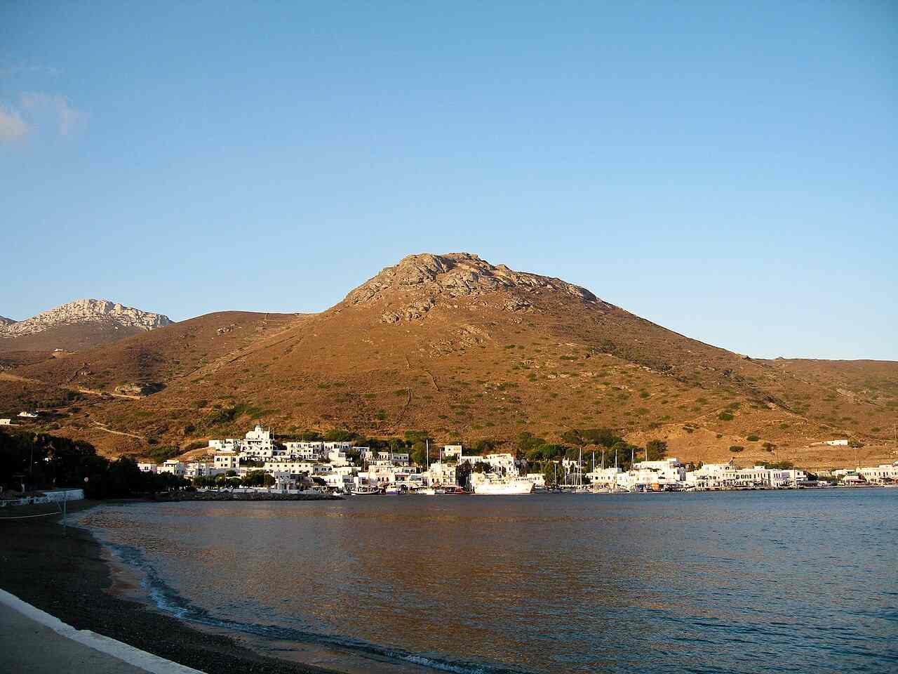 The harbour and bay of Katapola beneath its hill, the central port town of Amorgos