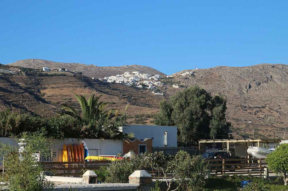 The bay of Aegiali and the mountain village of Tholaria, the beach-and-hiking base in northern Amorgos