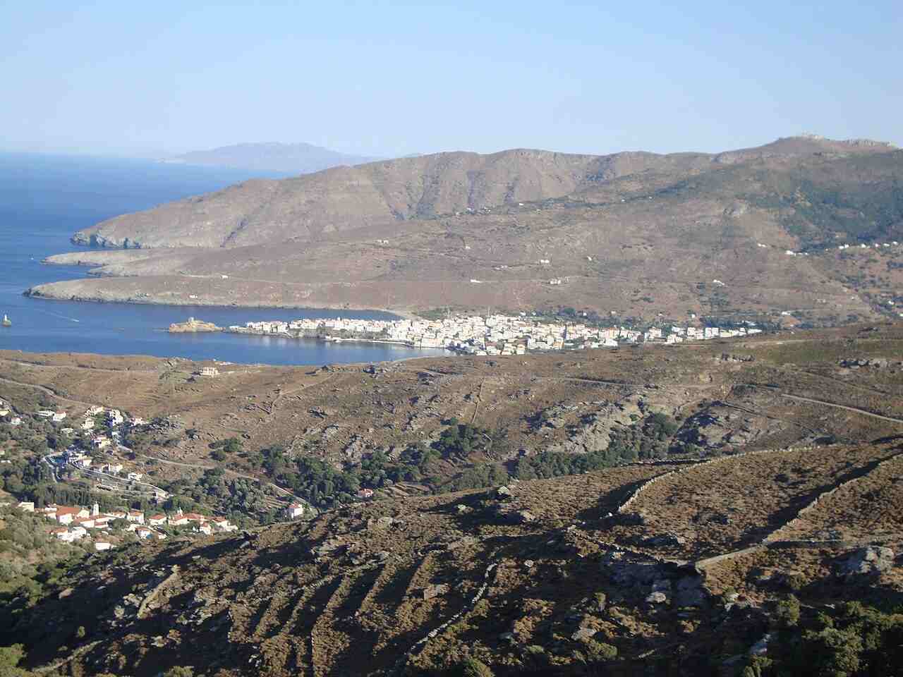 A panorama over Chora and its bay on the east coast of Andros