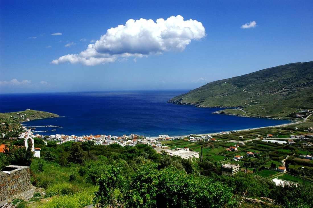 A panorama over the green bay and village of Korthi on Andros
