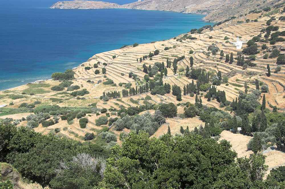 The terraced coastal slopes of ancient Palaiopolis descending to a deep blue bay on the west coast of Andros