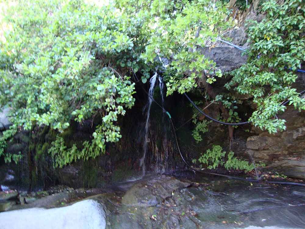 Water falling over a mossy green rock face at the Pythara waterfalls near Apoikia on Andros