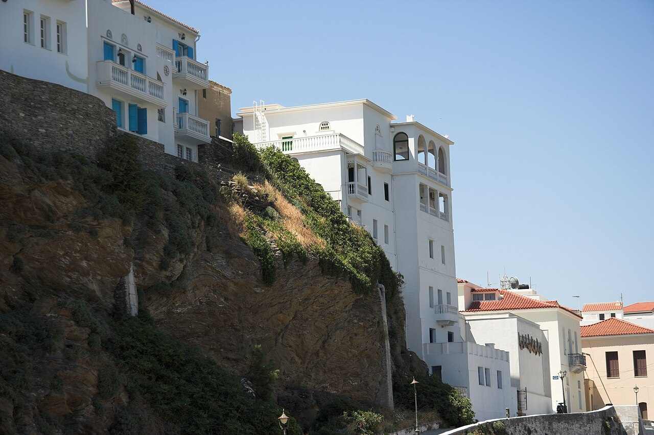 Neoclassical seafront mansions in Chora, the elegant capital of Andros