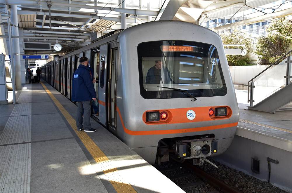 The Athens metro Line 3 train at Athens International Airport station, one of the airport transfer options into the city