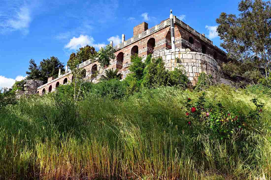 The arched brick and stone wall of Ayasuluk Castle on Ayasoluk Hill