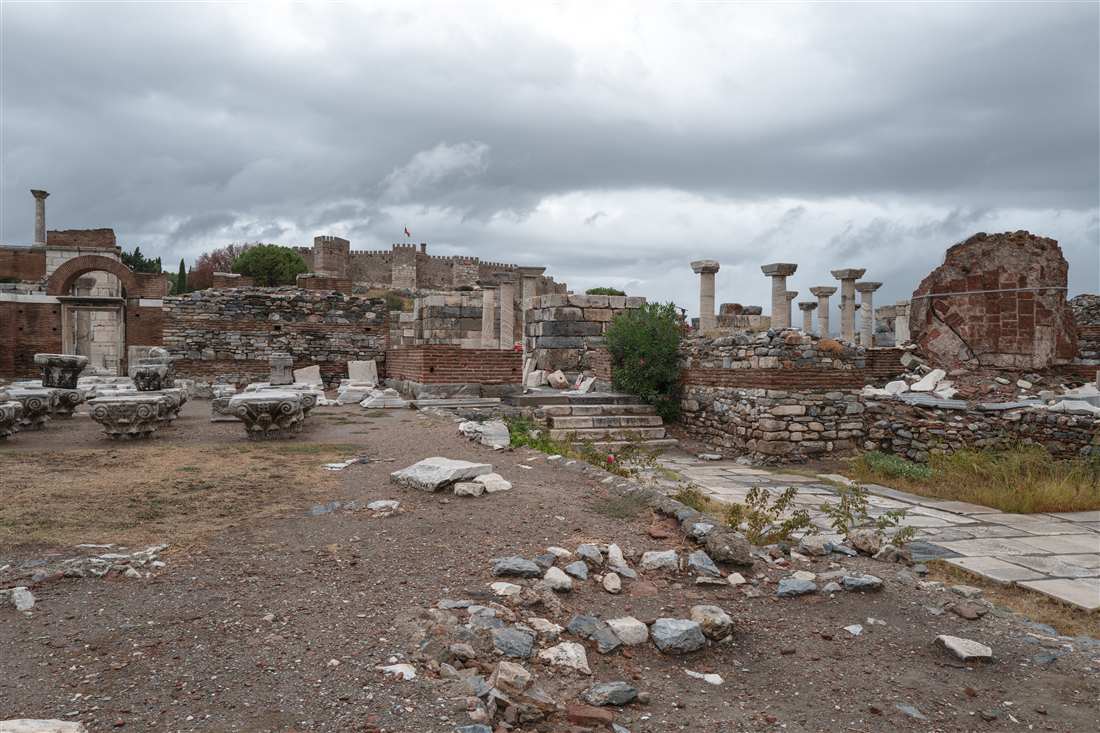 The ruins of the Basilica of St John below the Ayasoluk citadel at Selcuk
