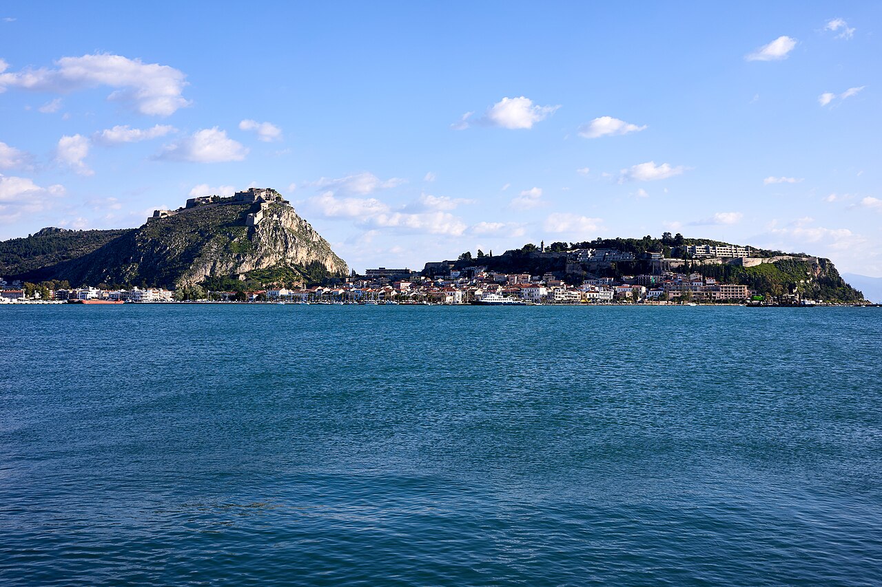 Nafplio with Palamidi and Acronafplia seen from the Argolic Gulf