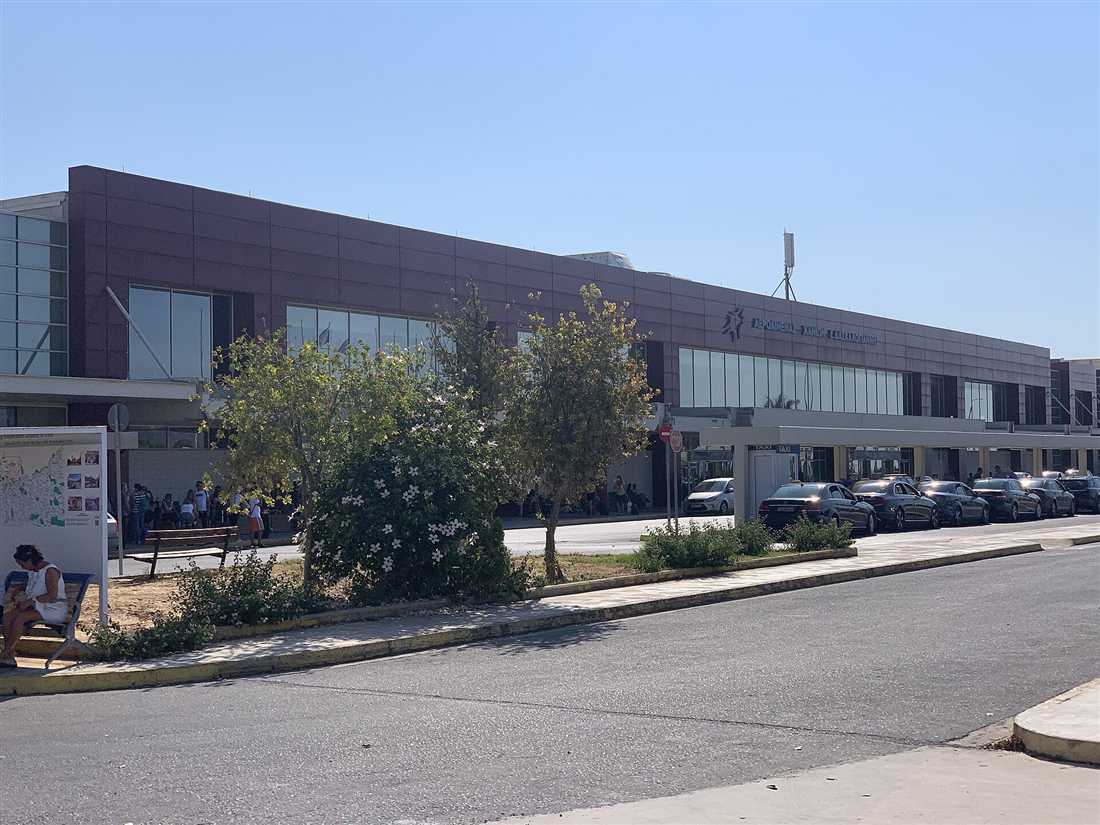 The terminal and taxi rank at Chania International Airport on Akrotiri, Crete