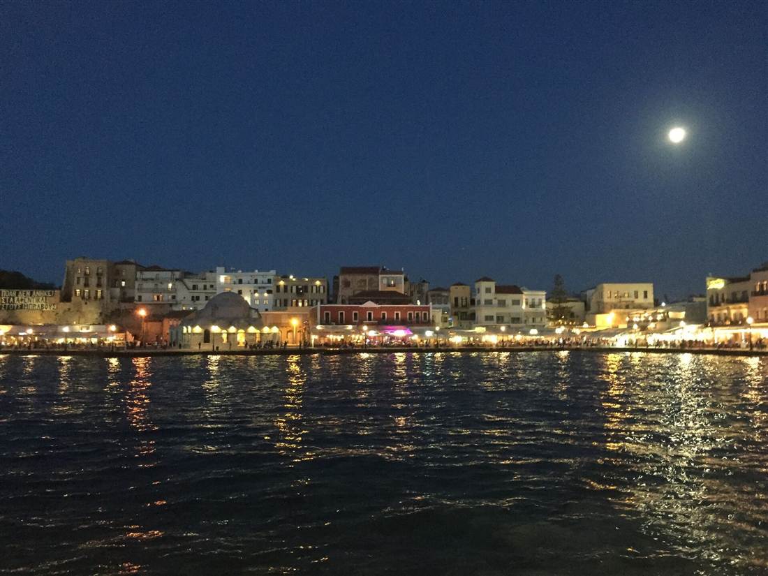 The lit Chania Venetian harbour at night, the heart of Chania nightlife