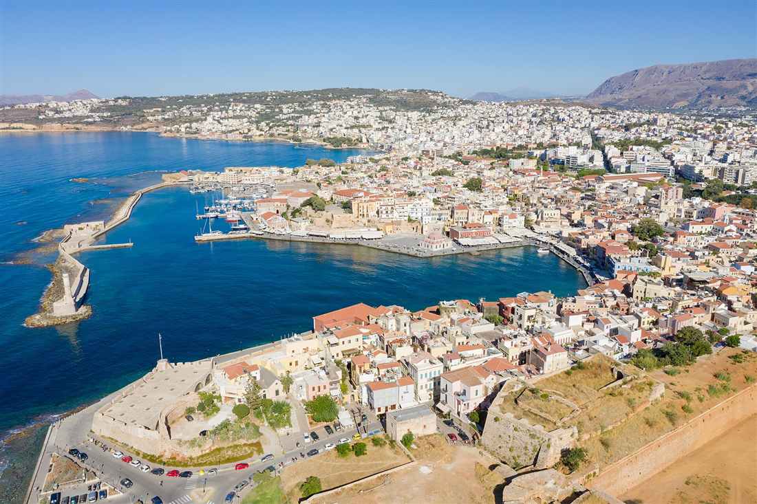 Aerial view of the Chania old town and Venetian harbour, the setting for one day in Chania