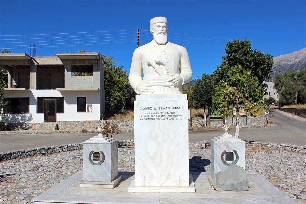 The marble statue of the Sfakian revolt leader Daskalogiannis in the square of Anopoli in Crete