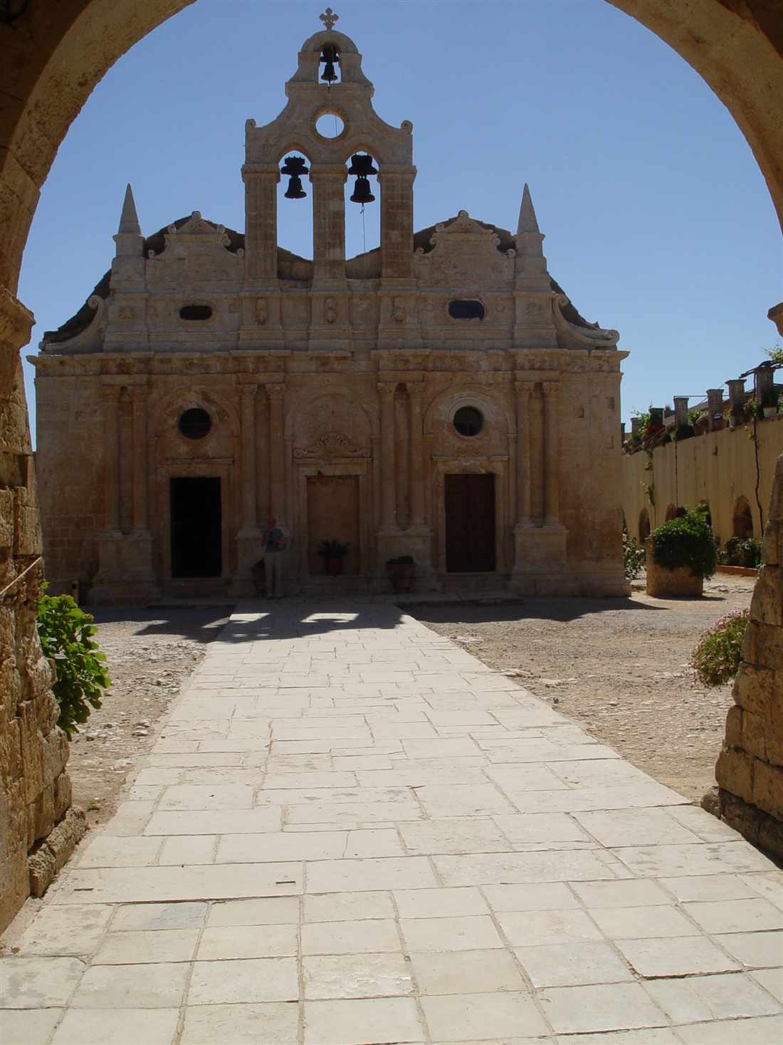 The Venetian-Renaissance-Baroque west front of the church at Arkadi Monastery in the hills of Rethymno, Crete, the emblem of Cretan freedom