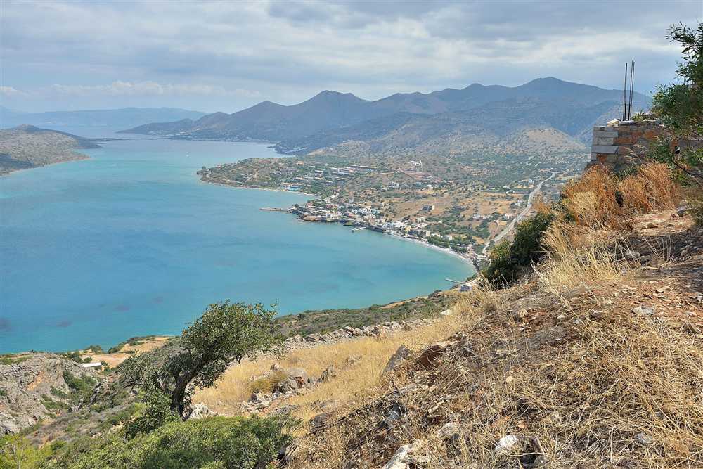 The Gulf of Mirabello and the resort bay of Elounda, Crete, seen from the hills