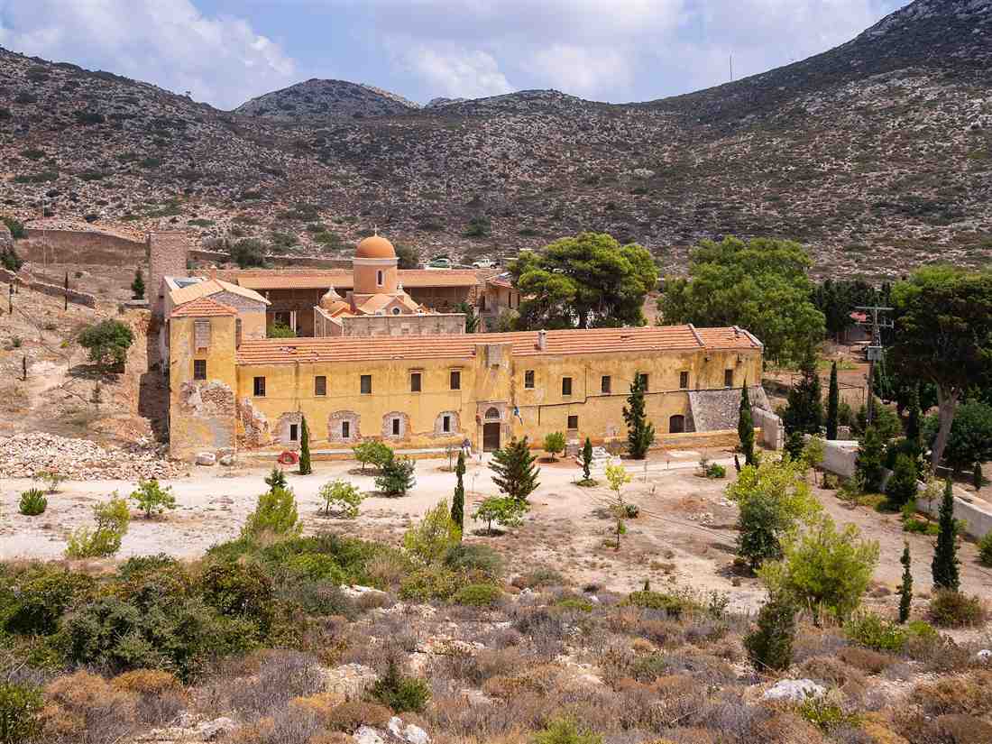 The fortified Venetian-era Gouverneto Monastery high on the Akrotiri peninsula near Chania, Crete