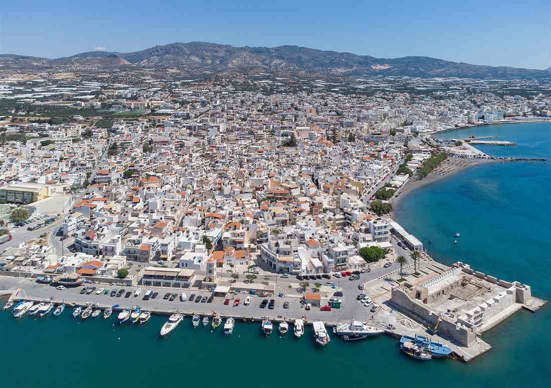 The seafront town of Ierapetra on the south-east coast of Crete, the southernmost town of Europe, with the Venetian Kales fortress at the harbour