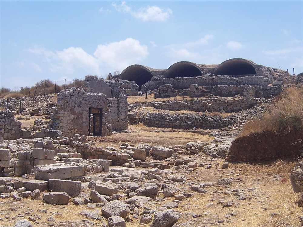The vaulted Roman cisterns of ancient Aptera on the ridge above Kalives and Souda Bay in Crete
