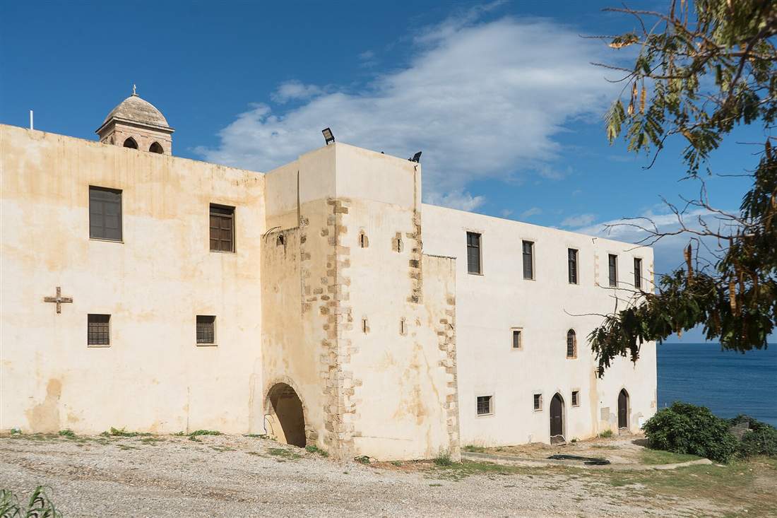 The fortified Gonia Monastery above the sea at Kolymbari on the north-west coast of Crete