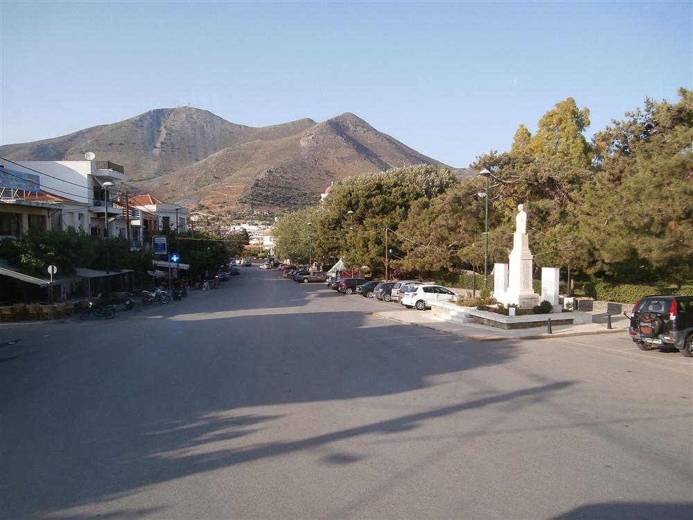 The central square of Neapoli in Lasithi, Crete, with the statue of Petros Filargos, who became Pope Alexander V