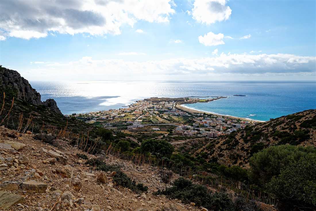 Paleochora, Crete: the beach town on its peninsula between two bays on the Libyan Sea, seen from the hills above