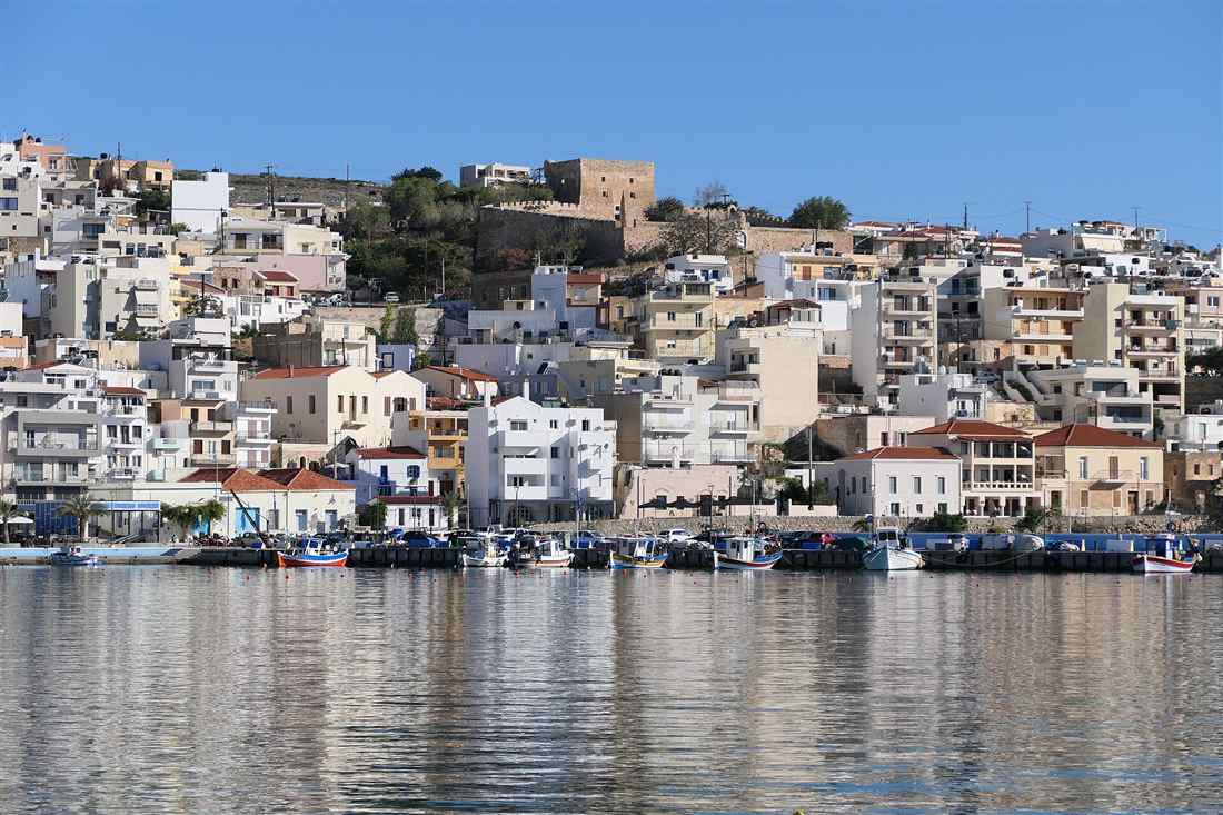 The harbour town of Sitia in eastern Crete rising in tiers to the Venetian Kazarma fortress