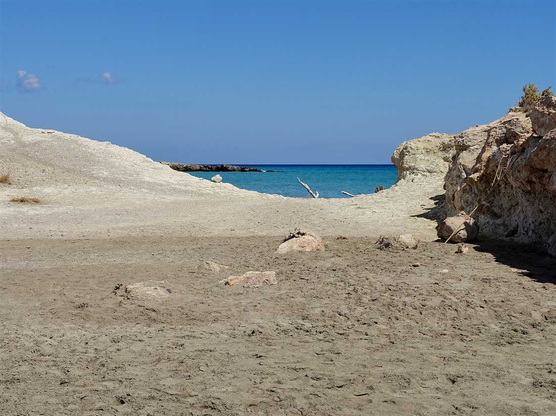 A wild white-sand cove and turquoise water at Xerokambos on the remote south-east tip of Crete