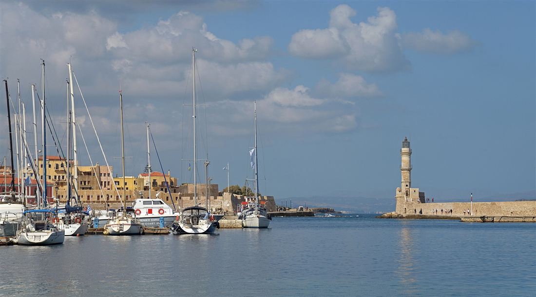 The Venetian harbour and Egyptian lighthouse of Chania old town, Crete