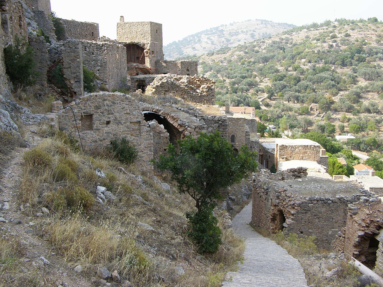 A ruined stone lane in the ghost village of Anavatos, Chios