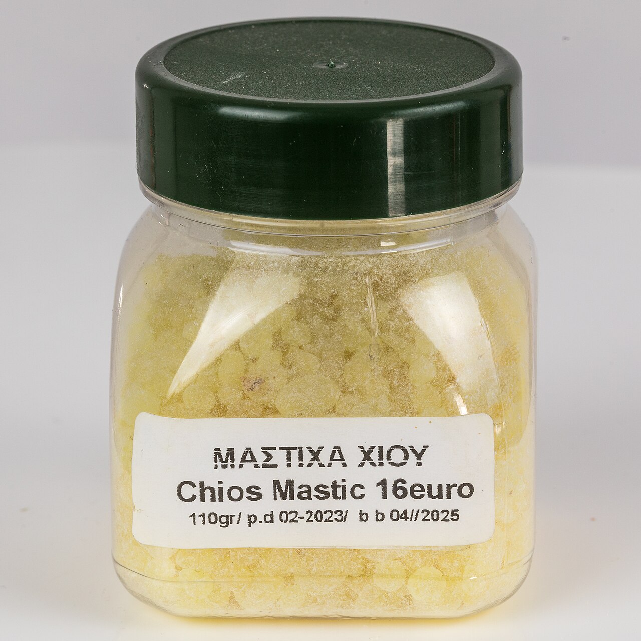 A jar of Chios mastiha tears from the growers cooperative