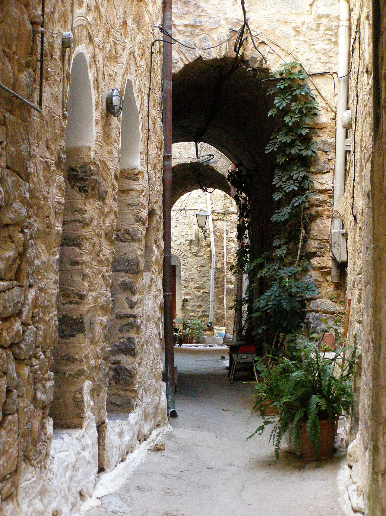 A narrow covered lane in the labyrinth of Mesta, Chios