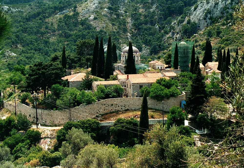The Nea Moni monastery amid the wooded mountains of central Chios