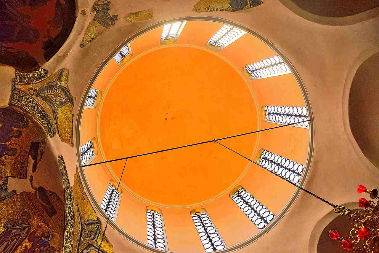 The mosaic-decorated dome inside the church of Nea Moni, Chios