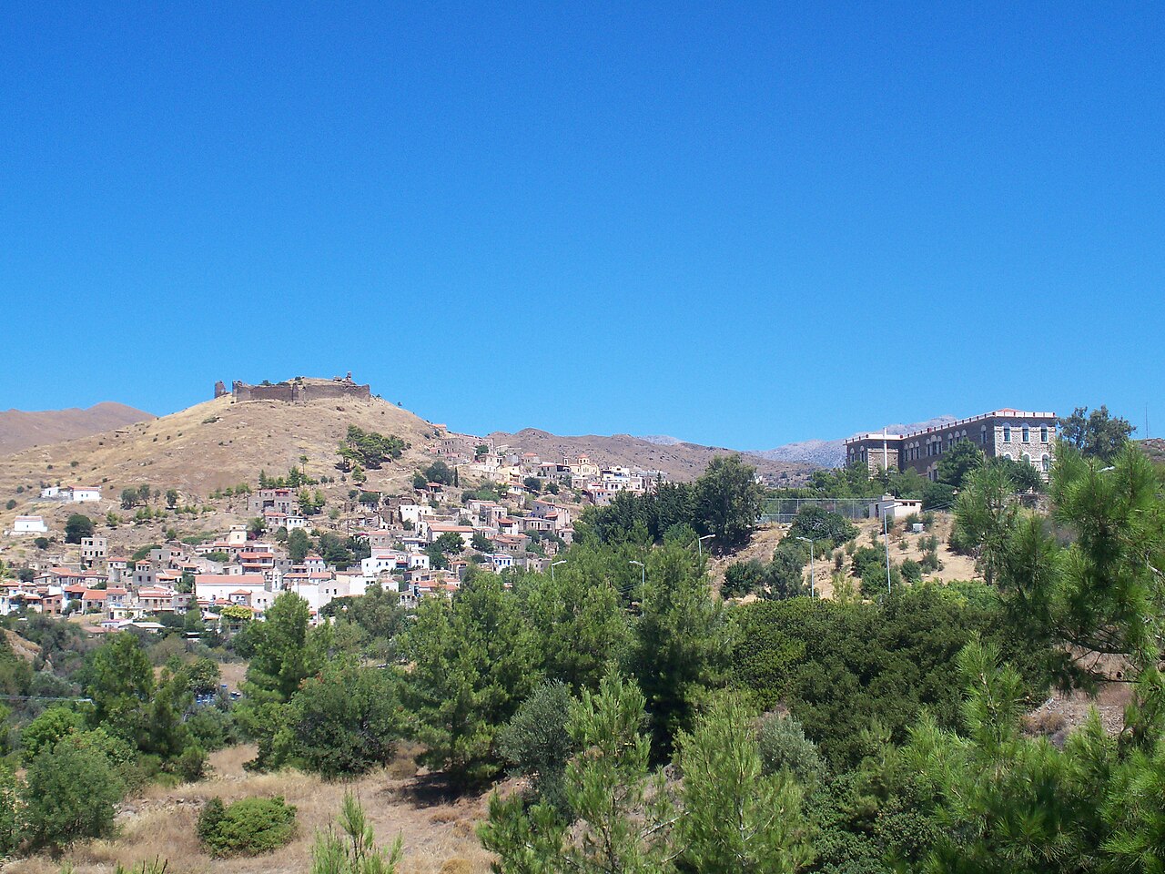 The hilltop village of Volissos beneath its castle in western Chios