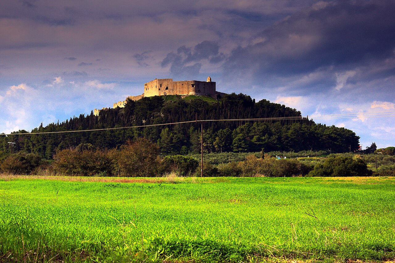 Chlemoutsi Castle, the finest Frankish fortress in Greece, crowning its hill in the western Peloponnese