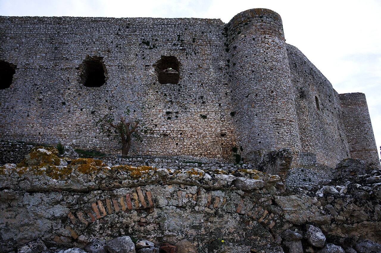 The towers and ramparts of Chlemoutsi Castle above the coastal plain of Ilia
