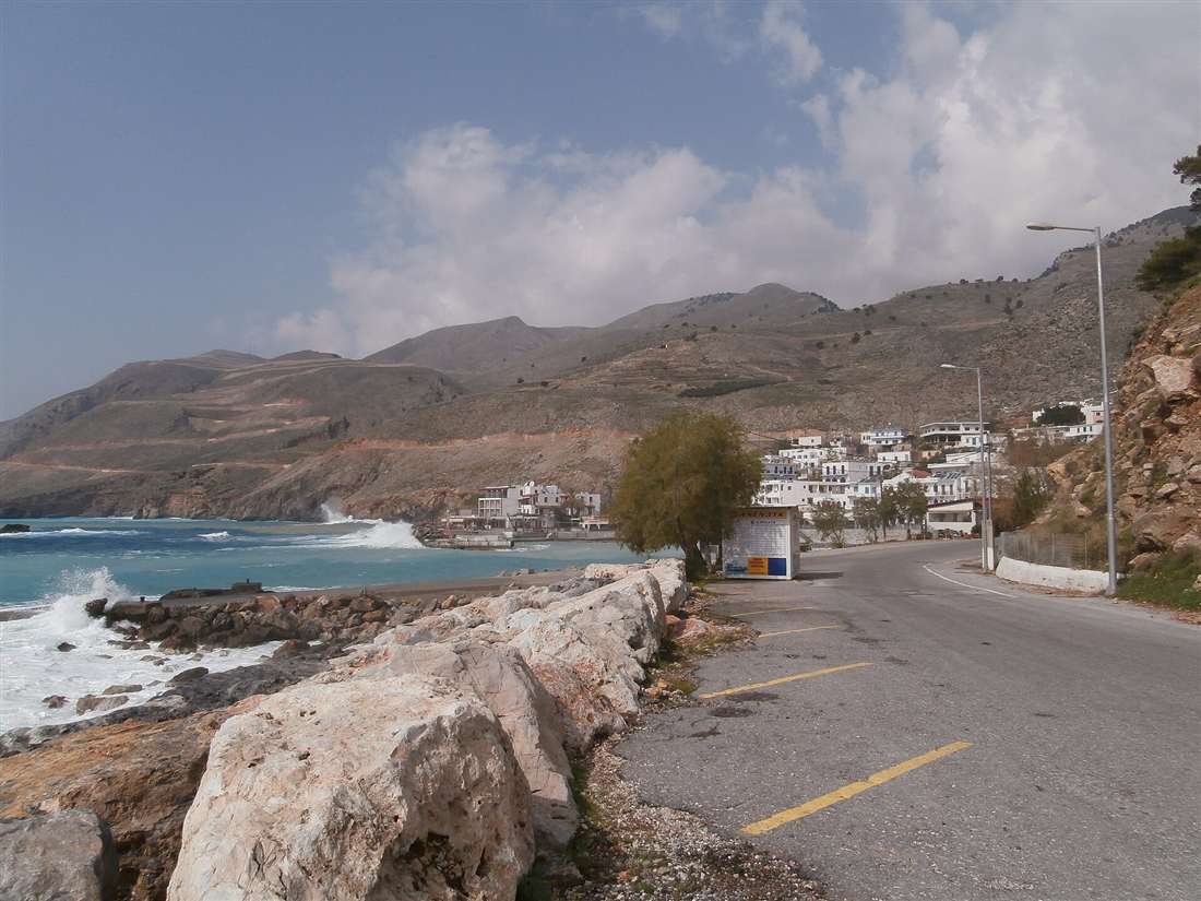 The town and bay of Chora Sfakion below the mountains on the south coast of Crete