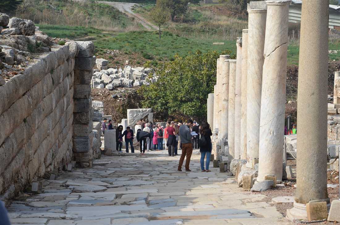 The marble-paved Curetes Street with its colonnade at Ephesus