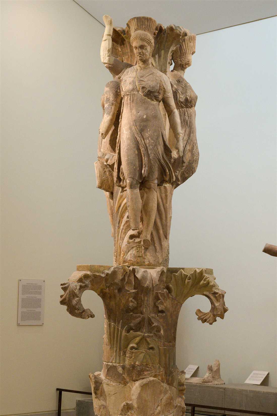The Dancers of Delphi, three maidens atop the Acanthus Column, in the Delphi museum