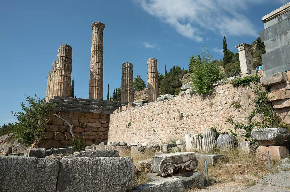 The Temple of Apollo columns and polygonal terrace wall at the archaeological site of Delphi