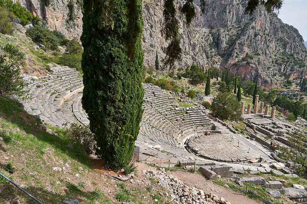 The ancient theatre of Delphi above the Temple of Apollo, looking over the sanctuary and the Pleistos valley