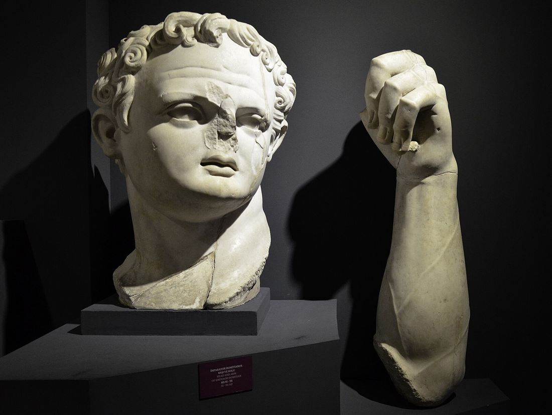The colossal marble head and arm of Emperor Domitian in the Ephesus Museum