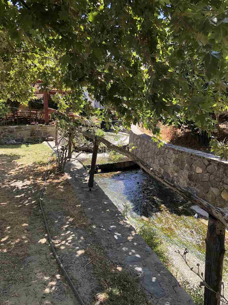 A plane-shaded stream running through the chestnut village of Elos, Crete