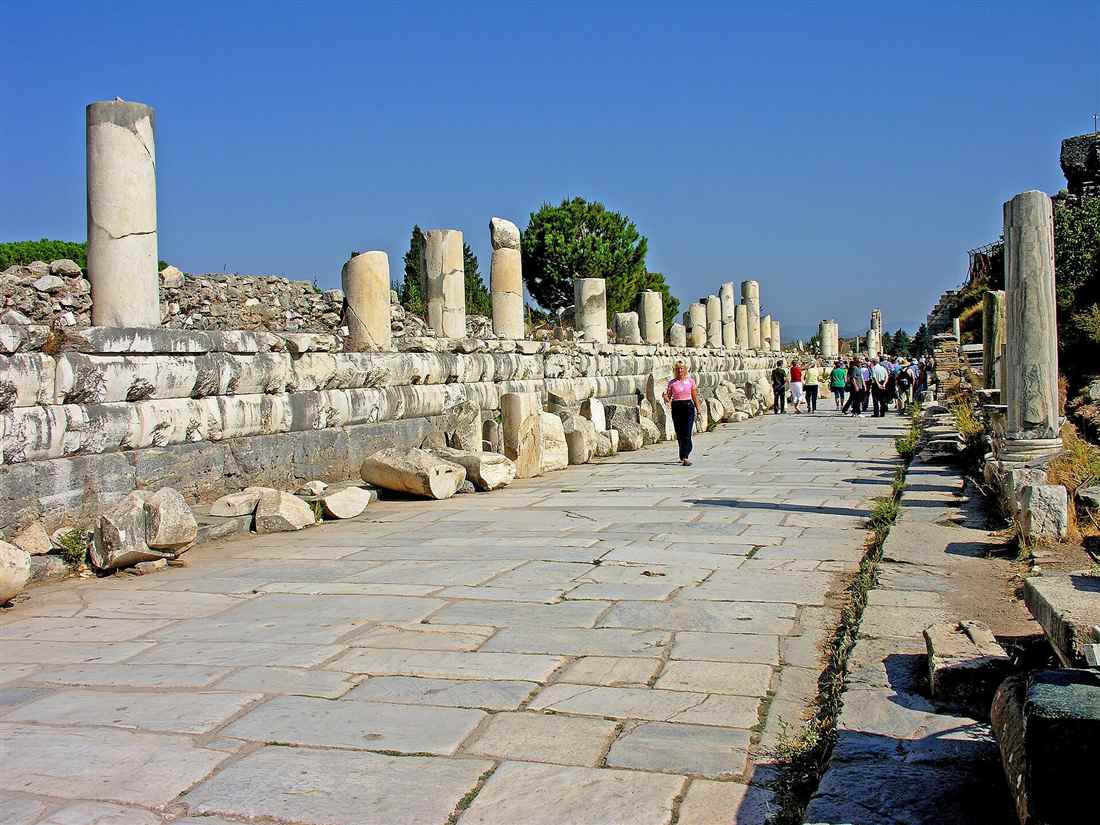 The colonnaded walkway and paving of Marble Street in Ephesus