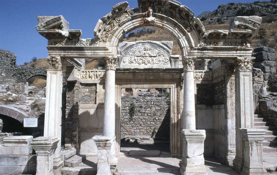 The ornate facade of the Temple of Hadrian at Ephesus, seen on the day trip from Samos