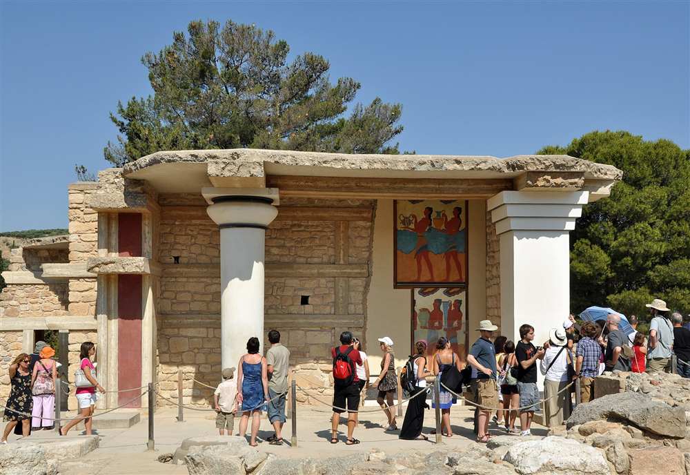 The restored north entrance of the Minoan palace of Knossos near Heraklion, Crete