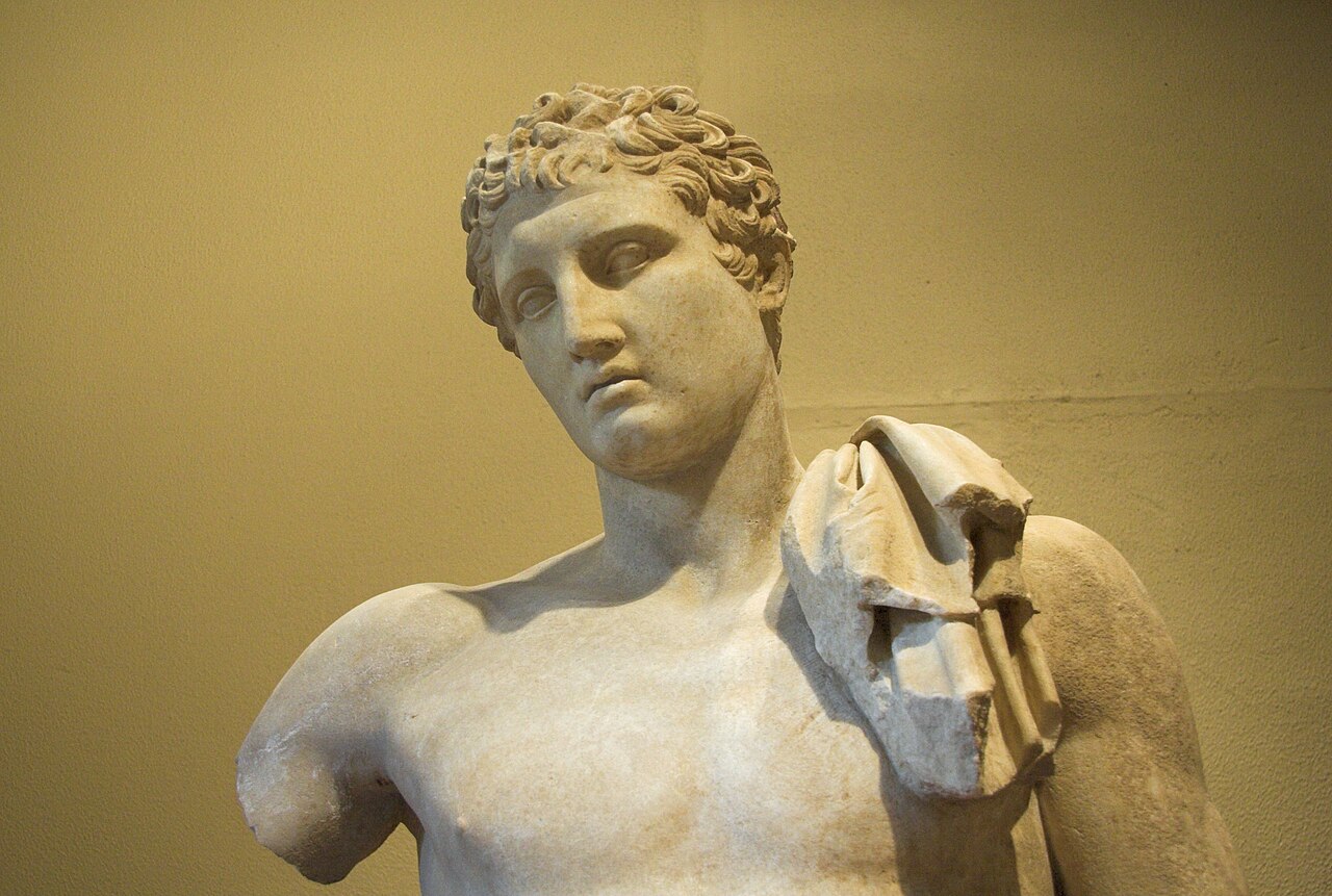 A view of the Hermes of Praxiteles, the marble masterpiece found in the Temple of Hera at Olympia